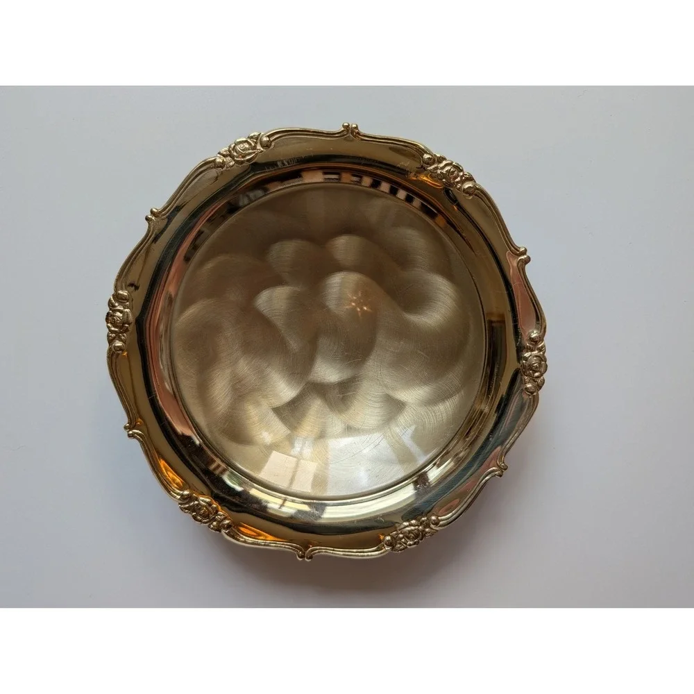 Good‎ Art Contempo Brass Footed Bowl Rose Floral Border Made in Japan VTG